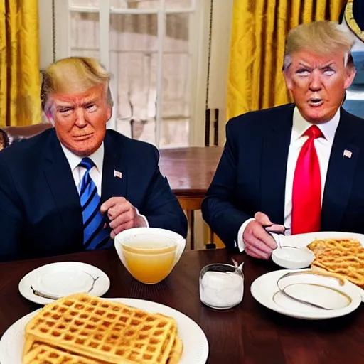 Image similar to photograph of trump and Biden sitting and eating breakfast at a Wafflehouse