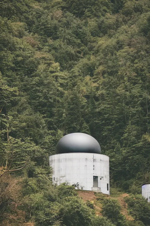 Image similar to sci fi nuclear containment buildings in a steep sided valley with trees, ufo flying around, a sense of hope and optimism, birds overhead, stark light, day time, unsplash, national geographic, hd, high res