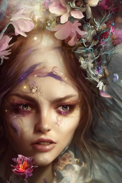 Prompt: fairy face closeup of beautiful girl necromancer, witch - doctor covered with crystals exploding into ice, 3 d render, hyper realistic detailed portrait, holding magic flowers, ruan jia, wlop. scifi, fantasy, hyper detailed, octane render, concept art, peter mohrbacher