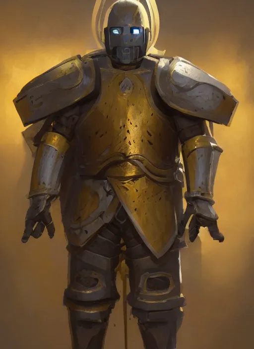 Prompt: portrait of a warforged character in yellow armor holding a paladin engraved longsword and carrying a big shield, epic concept art, trending on ArtStation, cinematic lighting, by Greg Rutkowski and Jesper Ejsing