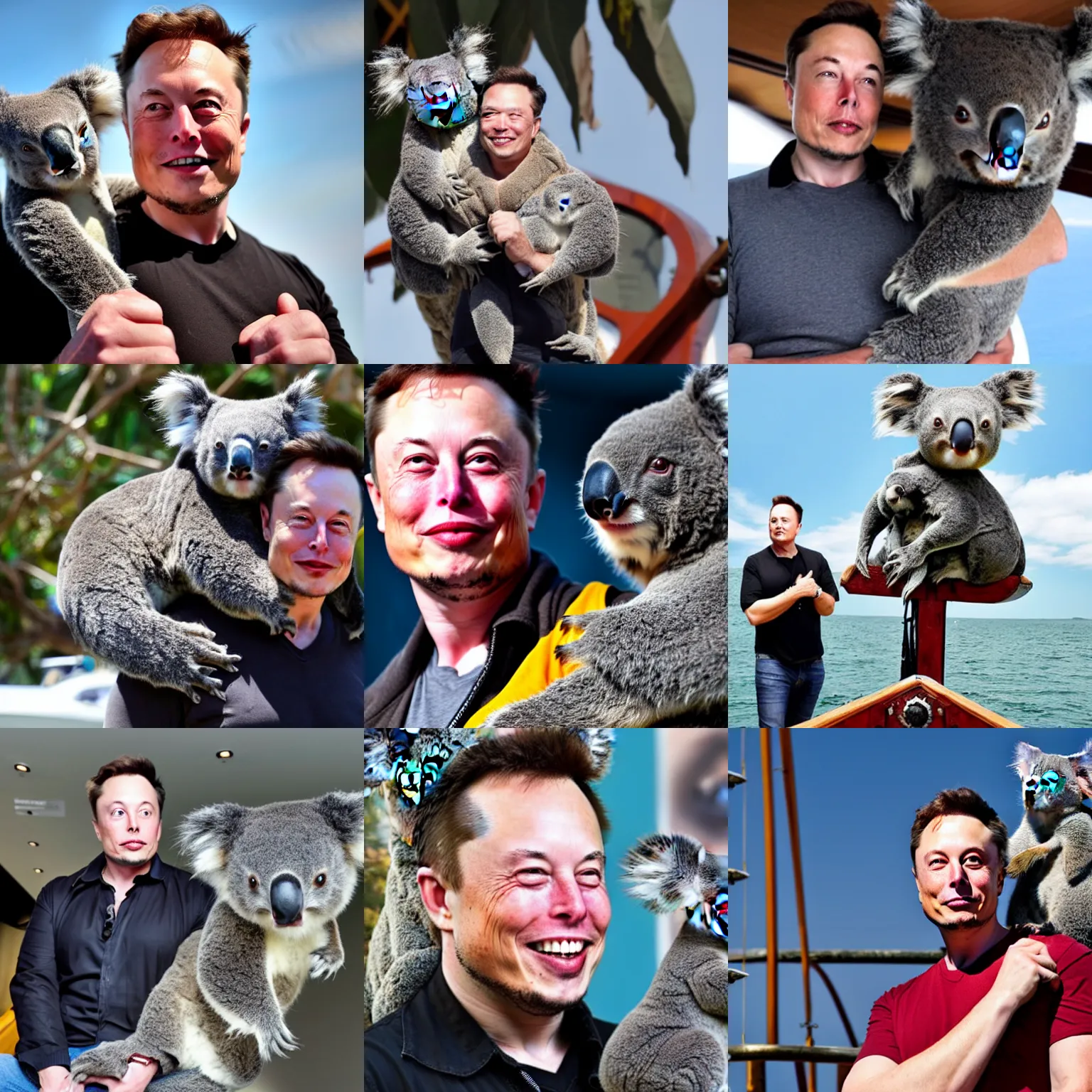 Prompt: elon musk with a koala bear on his shoulder on a pirate ship