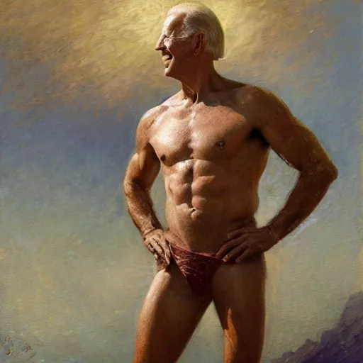 Image similar to Joe Biden with an shredded, toned, inverted triangle body type, painting by Gaston Bussiere, Craig Mullins, XF IQ4, 150MP, 50mm, F1.4, ISO 200, 1/160s, natural light