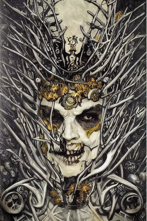 Image similar to The Knight of Bones by Karol Bak, Jean Deville, Gustav Klimt, and Vincent Van Gogh, portrait of a handsome vampire knight in armor, piercing grey eyes, ornate armor covered in thorns, bat wings, ornate dramatic bat wing helmet, hair made of shimmering ghosts, mystic eye, otherworldly, crown made of bones, catacombs, ornate jeweled crown, skulls, fractal structures, arcane, inscribed runes, infernal relics, ornate gilded medieval icon, third eye, spirals