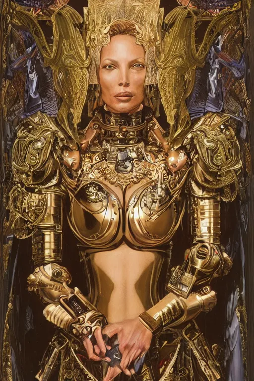 Prompt: very detailed portrait of christine turlington as warrior of dark futuristic robotic world, by jan van eyck, hajime sorayama, mysticism, intricate, highly ornate dark trim armoury