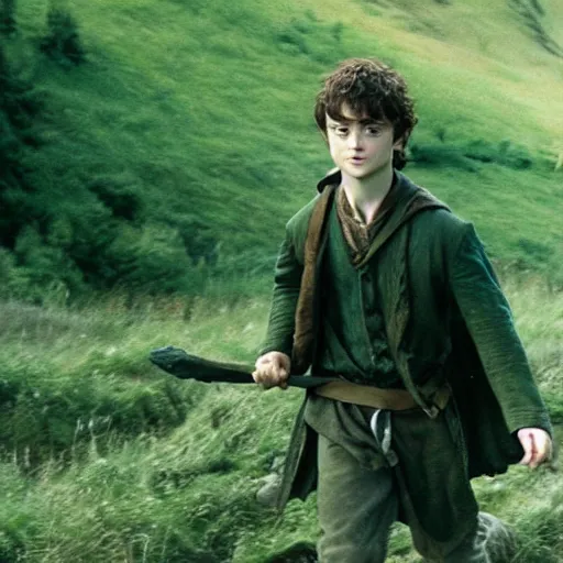 Image similar to Film still of a young Daniel Radcliffe as Frodo in Lord of the Rings: The Return of the King, wide shot, cinematic