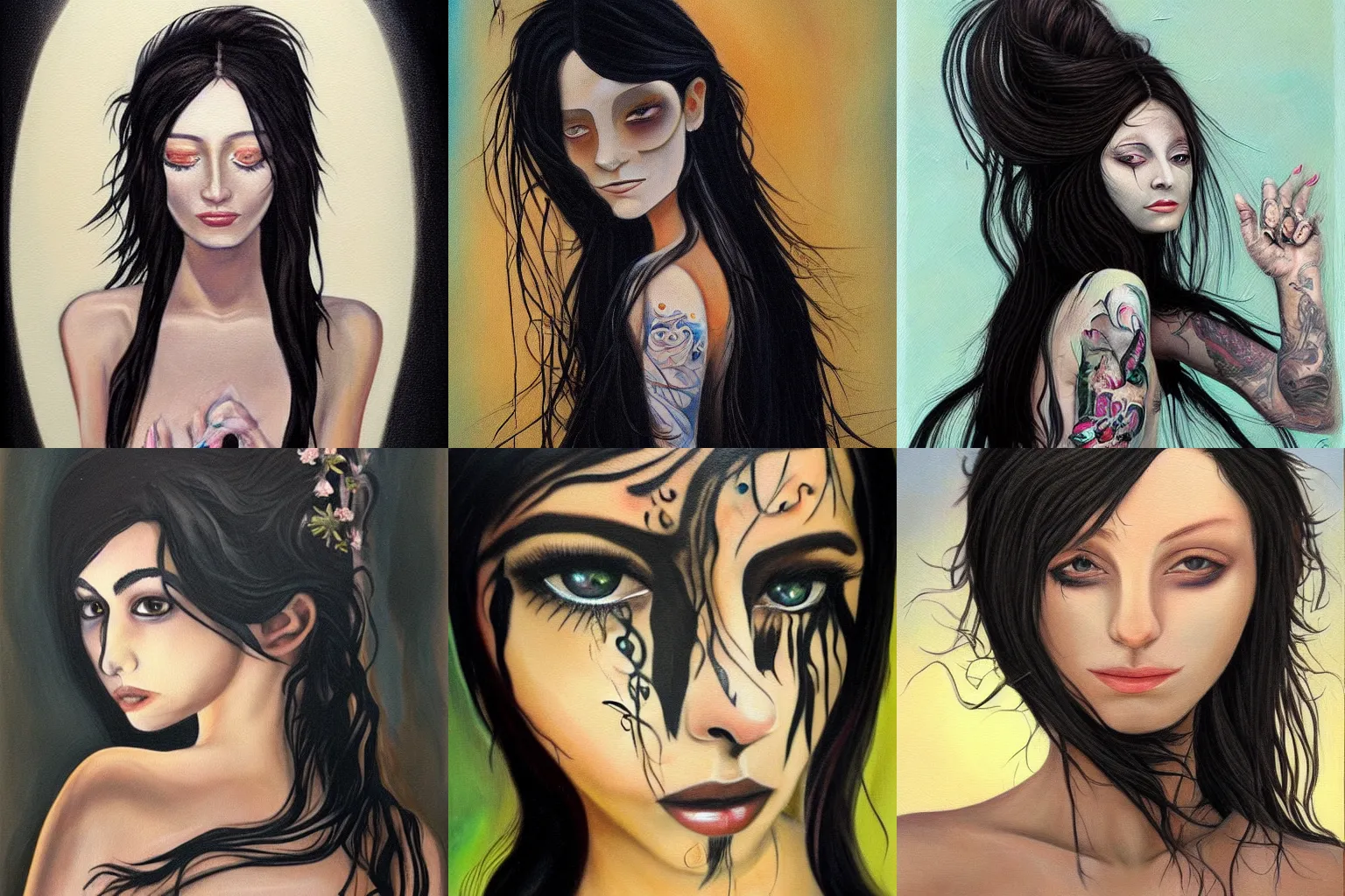 Prompt: a beautiful painting of a small, lithe woman, with long black hair that hangs down to her waist in a wild tangle. Her eyes are a deep, dark brown, almost black, and seem to shimmer with a inner light. She is very beautiful, in a wild, feral sort of way. She also has a number of tattoos, which are all black by Krenz Cushart