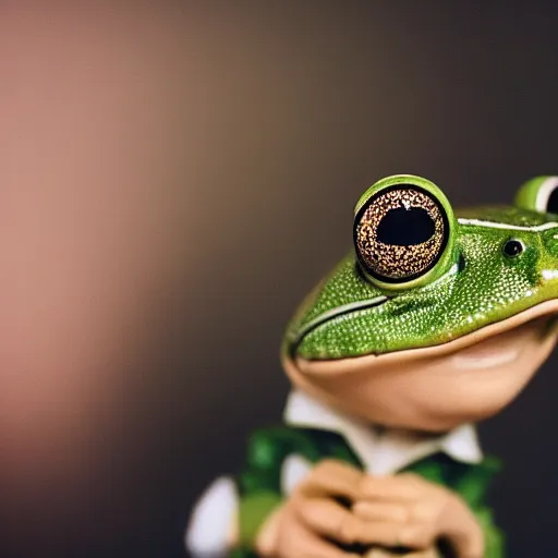 Image similar to a high detail closeup photograph of a 🐸 wearing a suit 👔,and smoking a cigarrette🚬, award wining photograph