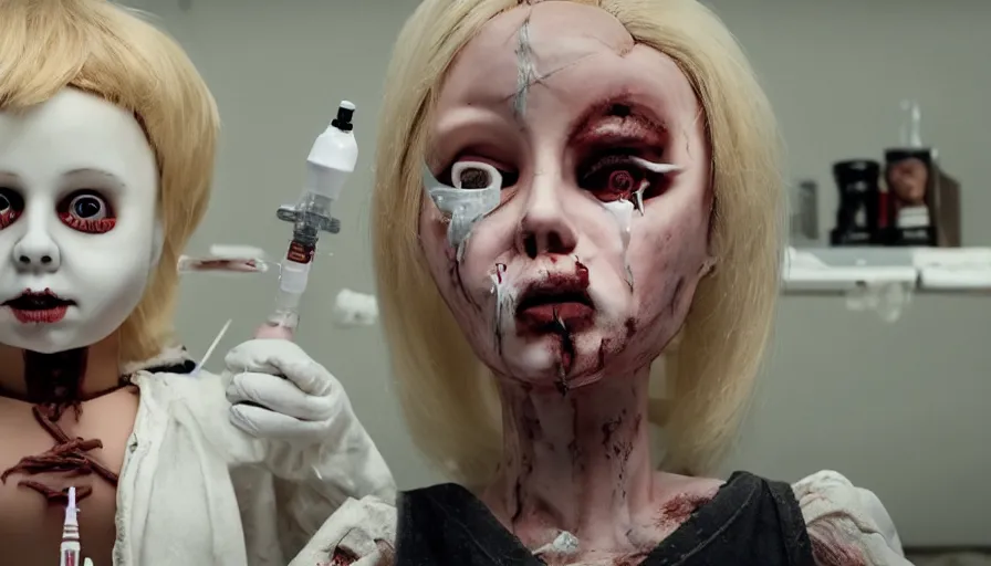 Prompt: big budget horror movie about an evil killer doll injecting someone with a syringe