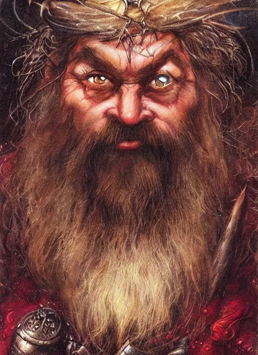 Prompt: portrait of dwarf wizard, beautiful! coherent! dungeons and dragons character, by brian froud, strong line, deep color, chainmail, short red hair, high contrast