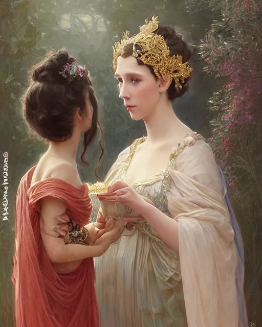 Prompt: a beautiful painting of a shy, blushing princess in a tiara and an iridescent art nouveau gown resembling millie bobby brown watching the lantern festival, intricate, elegant, highly detailed, digital painting, artstation, concept art, by krenz cushart and artem demura and william adolph bouguereau and alphonse mucha