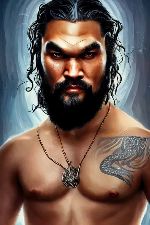 Image similar to beautiful, ethereal khal drogo ( jason momoa ) portrait, intricate art deco dragon designs, elegant, highly detailed burning background, sharp focus, game of thrones art by artgerm and beeple and greg rutkowski and wlop