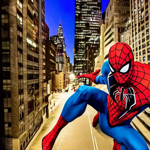 Image similar to photo of Superior Spider-Man swinging through the streets of midtown Manhattan on a bright September evening