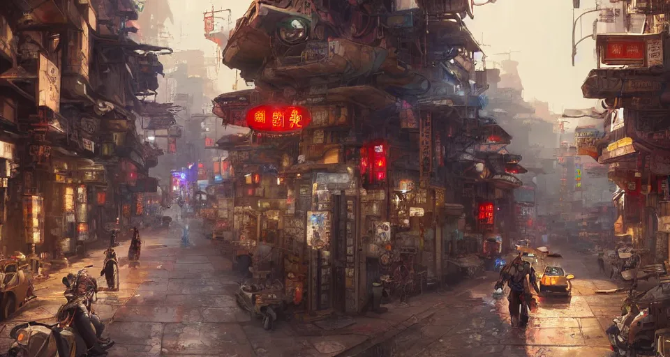 Image similar to craig mullins and ghibli digital art of chinatown street, sunset alley, erlang shen yang jian in a mecha shuttles through the ancient city of china, cyberpunk style, unreal engine, hyper realism, realistic shading, cinematic composition, realistic render, octane render, detailed textures, photorealistic, wide shot