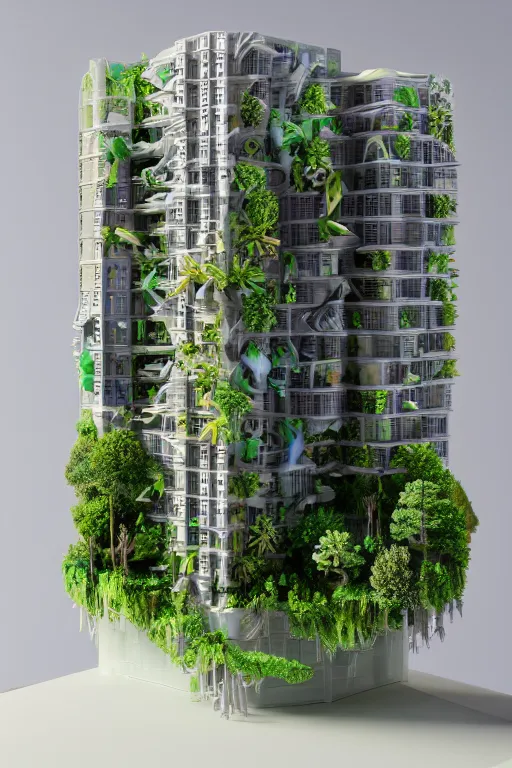 Image similar to 3 d printed physical model organic flowy including more than one city into one vertical building model that sits on a table in a room with a view back, multiple stories, transparent, with vegetation, colorful, eye - level view, 8 0 k, octane render, highly detailed 3 d render,