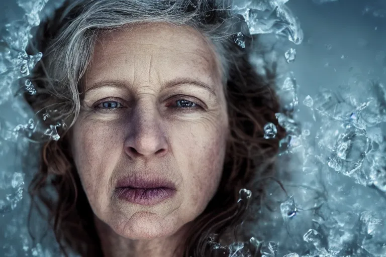 Image similar to a highly detailed cinematic headshot portrait of a frozen middle aged woman stood in a field, field on fire, ultra realistic, depth, beautiful lighting, by annie leibovitz, photorealistic, hyperrealistic, octane, masterpiece