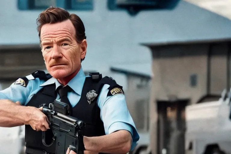 Prompt: close-up of  Bryan Cranston as a policeman in the new movie directed by Wes Anderson, movie still frame, promotional image, symmetrical shot, idiosyncratic, relentlessly detailed, limited colour palette