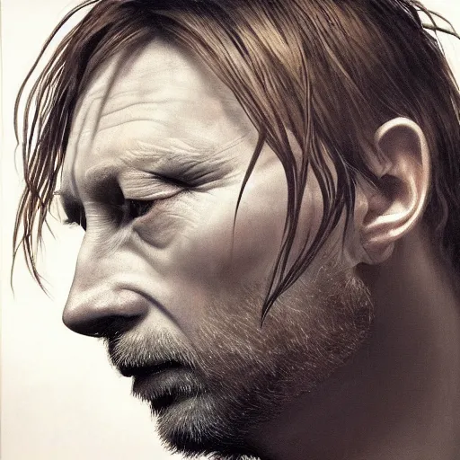 Image similar to hyper realistic portrait of smooth old thom yorke hairless, variations singer songwriter ok computer, ( side ) profile, liminal space, by lee bermejo, alphonse mucha and greg rutkowski, no beard, smooth face