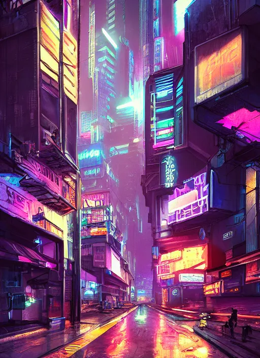 Image similar to sci-fi cyberpunk city street, billboards, neon holograms, neon signs, rainy night, dramatic lighting, cinematic, establishing shot, extremely high detail, foto realistic, cinematic lighting, pen and ink, intricate line drawings, post processed, concept art, artstation, matte painting, style by Raphael Lacoste, Eddie Mendoza , Sebastian Lüdke