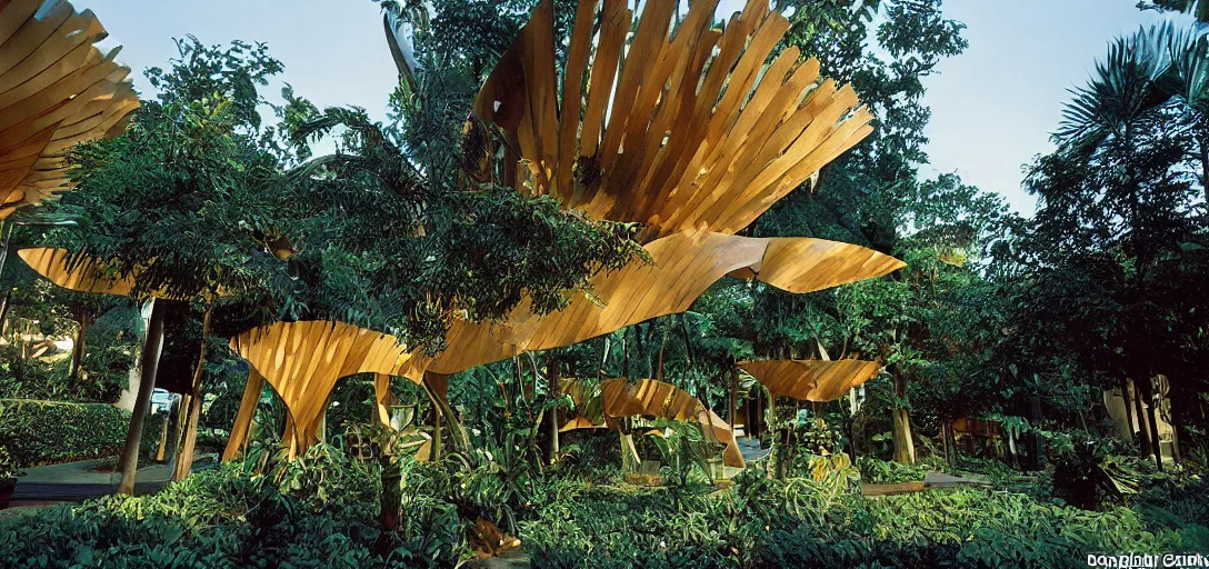 Image similar to palafito designed by frank gehry. outdoor landscaping designed by roberto burle marx. fujinon premista 1 9 - 4 5 mm t 2. 9. portra 8 0 0.