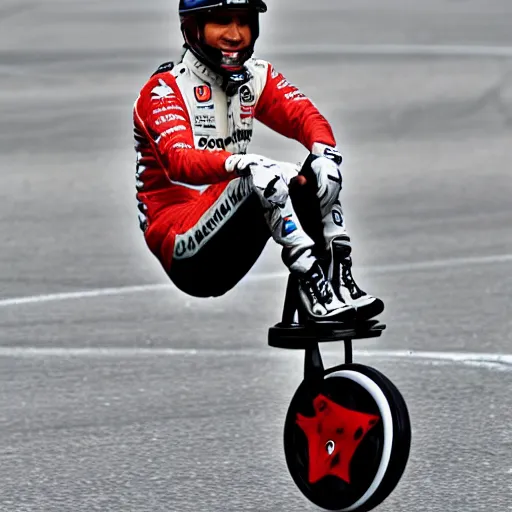 Image similar to Lewis Hamilton riding a unicycle, photo realistic