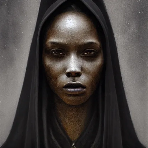 Image similar to a portrait of a young black woman wearing a long dark cloak, hood and shadows covering face, anatomically correct, beautiful perfect face, enigmatic, oil painting, matte painting, black background, Volumetric dynamic lighting, Highly Detailed, Cinematic Lighting, Unreal Engine, 8k, HD, by Beksinski