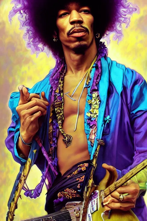 Image similar to A mystical mesmerizing 8k hyperrealistic Photo Portrait jimi hendrix transforming into a purple haze, soft, sharp focus, detailed, art by artgerm and Alphonse Mucha