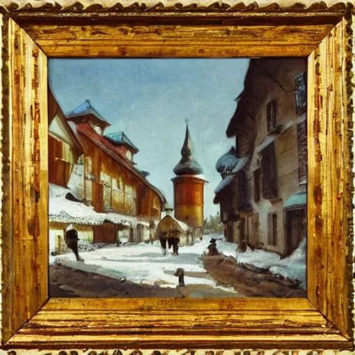 Image similar to scene of an Eastern European village, summer, oil painting, in the style of Peredvizhniki, by Alexei Savrasov