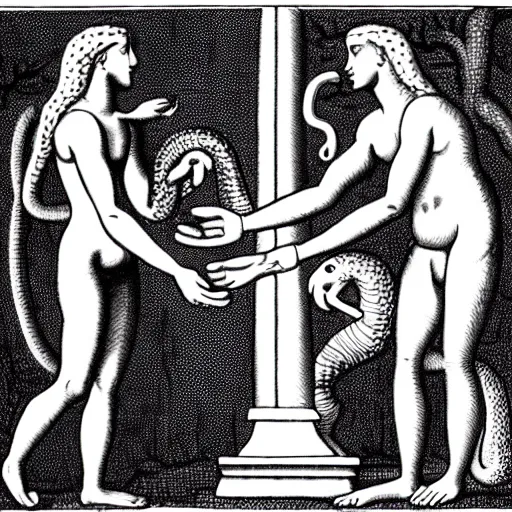 Image similar to depiction of adam and eve shaking hands with an anthromorphic snake