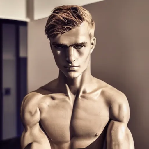 Image similar to a realistic detailed photo of a guy who is an attractive humanoid who is half robot and half humanoid, who is a male android, soccer player martin ødegaard, shiny skin, posing like a statue, blank stare, in a living room, on display, showing off his muscles