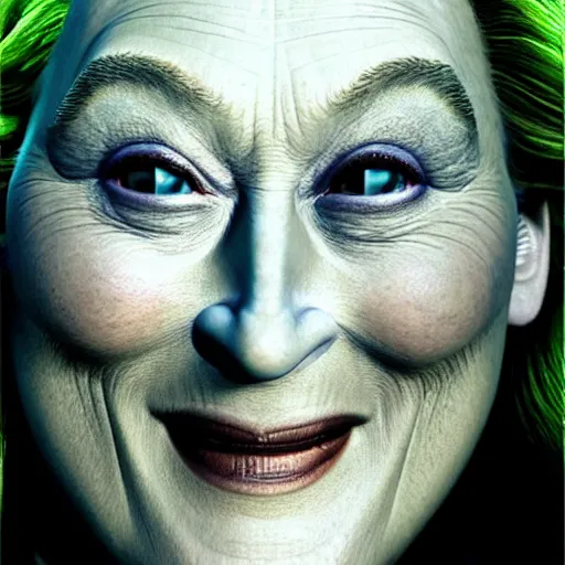 Image similar to meryl streep and shrek hybrid, realistic photography, high detail