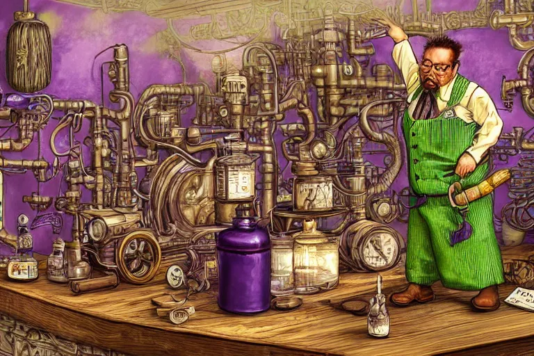 Image similar to Uncle Aloysius, snake oil salesman, wild west crypto pharmaceutical industrialist locomotive petroleum apothecary alchemist tinkerer engineer, cute, fantasy, intricate, elegant, highly detailed, digital painting, 4k, HDR, concept art, smooth, sharp focus, illustration, purple green color scheme, art by Ed Roth and H R Giger and Greg Rutowski and Lisa Frank