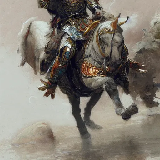 Image similar to a man wearing chinese armor, muscular, painting by Gaston Bussiere, Craig Mullins