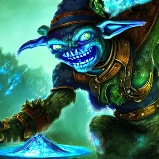 Image similar to a highly detailed goblin with blue skin and green eyes that glow, like magic the gathering, goblin chainwalker, with water in the background, digital art, by christopher rush