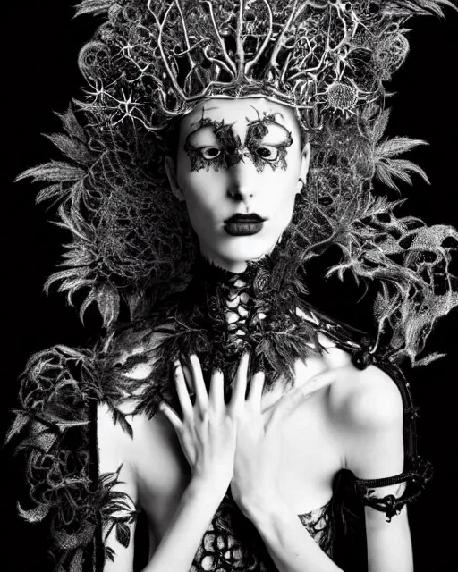 Prompt: surreal dark poetic black and white photo portrait of complex bio-mechanical beautiful young silver female vegetal-cyborg with a fur metal fine lace face, a very long neck and a fine metal floral foliage super big gothic lace collar and crown by Vivienne Westwood:: smoke, high fashion, haute couture, rococo, avant-garde, silver filigree details, anatomical, facial muscles, cable wires, microchip, elegant, dreamy, foggy atmosphere, hyper realistic, 150 mm lens, soft rim light, octane render, unreal engine, picture was taken in 1910 by Man Ray, volumetric lighting, dramatic light,8k,