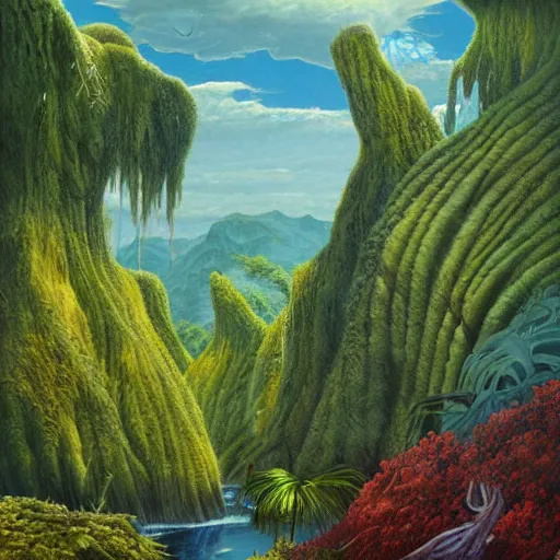 Prompt: digital painting of a lush natural scene on an alien planet by gerald brom. digital render. detailed. beautiful landscape. colourful weird vegetation. cliffs and water.