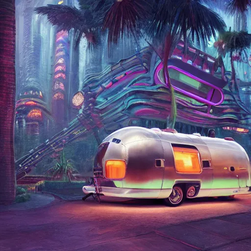 Prompt: futuristic cyberpunk airstream treehouse with tiki accents, fine art, digital painting, velvet art, atmospheric lighting, center focus, hyperdetailed, photorealistic, 8k, high resolution, velvia, velvety, vibrant and rich colors, insanely detailed and intricate, ray tracing, award winning, featured in artstation, greg rutkowski, beeple, octane render
