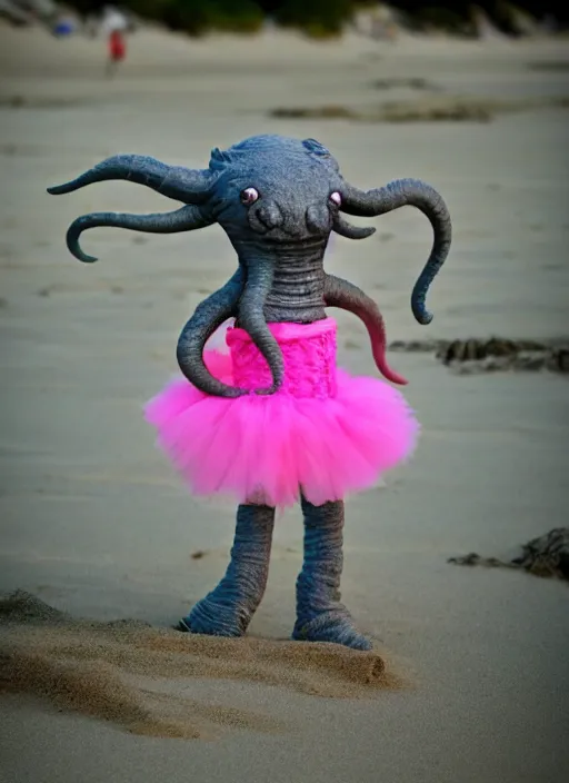 Image similar to chthulhu in a pink tutu on a beach