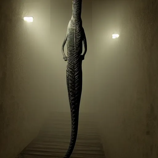 Image similar to a skinny and long snake creature lurking in a dark and wet basement, creepy atmosphere, realistic lighting