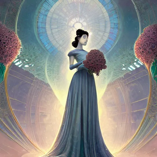 Prompt: a princess full body portrait, fine kindness delicate prefect face, in the flower room, light beam shines through the window, elegant, smooth, sharp focus, atmospheric lighting, masterpiece, style of tom bagshaw, raphael lacoste, peter mohrbacher, louis comfort tiffany, victo ngai, james jean, 4 k hd hyperdetailed illustration wallpaper, chinese style