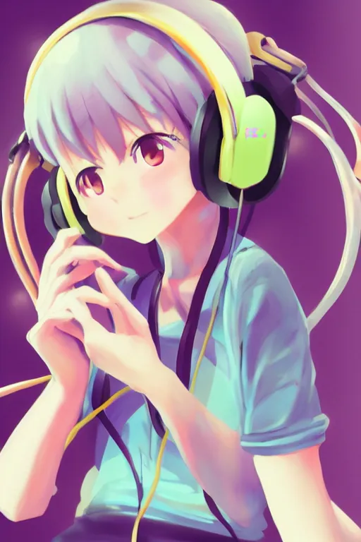 Prompt: an anime girl listening to music on headphones, candy pastel, backlighting, trending on pixiv, digital art, by kawacy