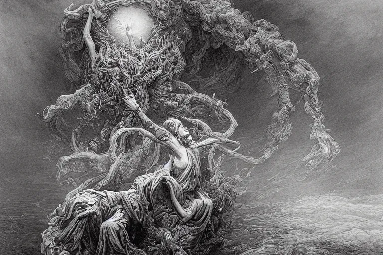 Image similar to the oracle of death rising from a cyclone of smoke and ashes by gustave dore by james jean