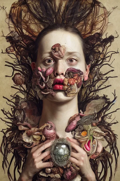 Image similar to Detailed maximalist portrait with large lips and eyes, scared expression, botanical anatomy, HD mixed media, 3D collage, highly detailed and intricate, surreal, in the style of Jenny Saville, dark art, baroque, centred in image, rendered in octane