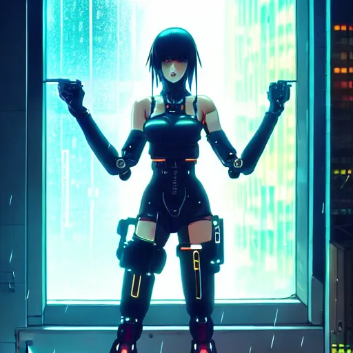 Image similar to cyberpunk anime art, beautiful cyborg girl in the style of arcane holding excalibur, full round face, biomechanical details, full body shot, rain, wet street, window reflections, lens flare, wlop, ilya kuvshinov, artgerm, krenz cushart, greg rutkowski