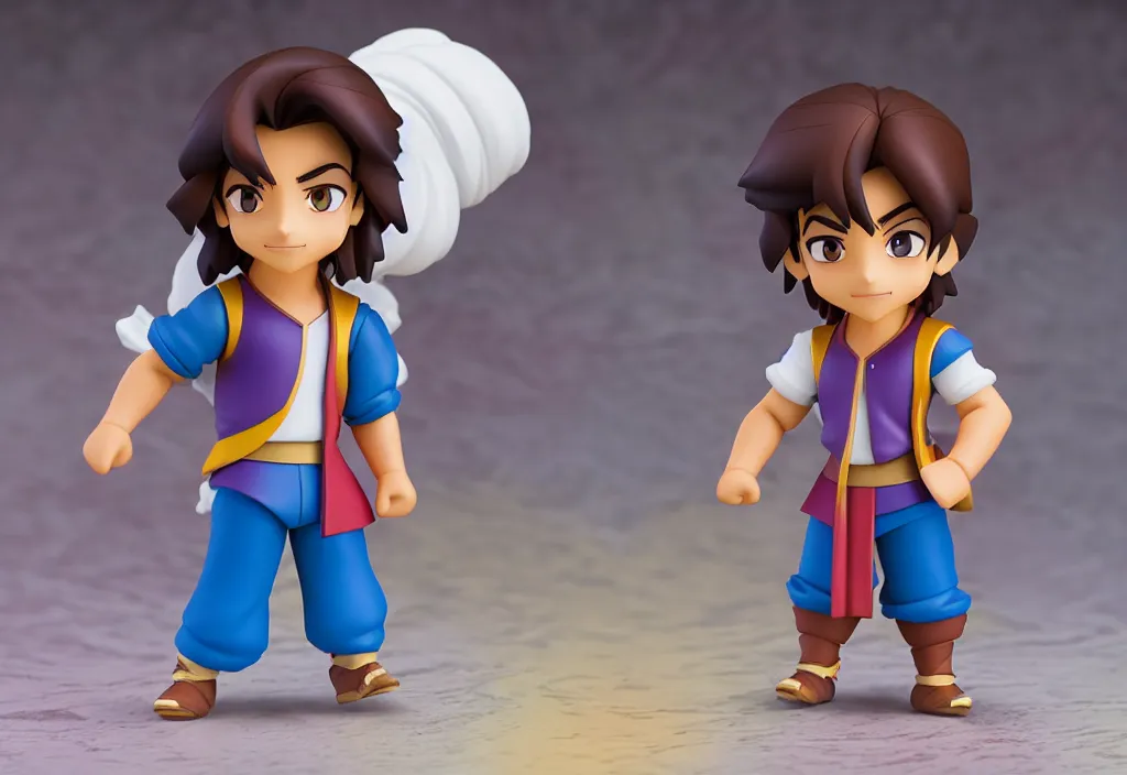 Image similar to side view of young aladdin of disney movie as nendoroid running in desert village, 8 k hd dof, kodak film,