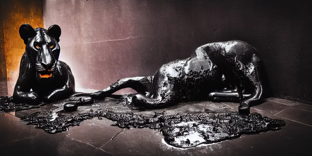 Image similar to the black lioness made of tar, bathing in the bathrub filled with tar, dripping tar, drooling goo, sticky black goo, photography, dslr, reflections, black goo, rim lighting, cinematic light, chromatic, saturated, slime, modern bathroom