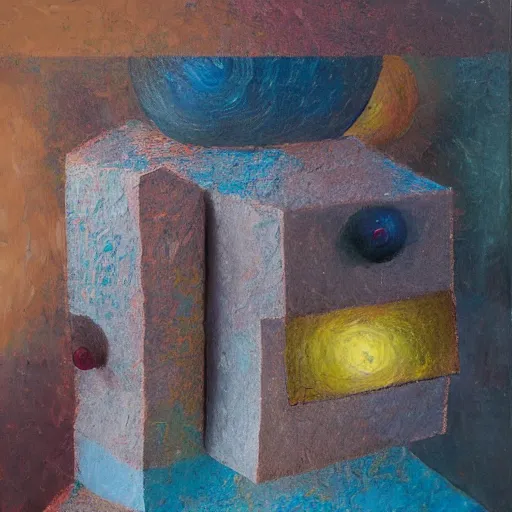 Prompt: a detailed impasto painting by shaun tan and sue williams of an abstract forgotten sculpture by the caretaker and ivan seal