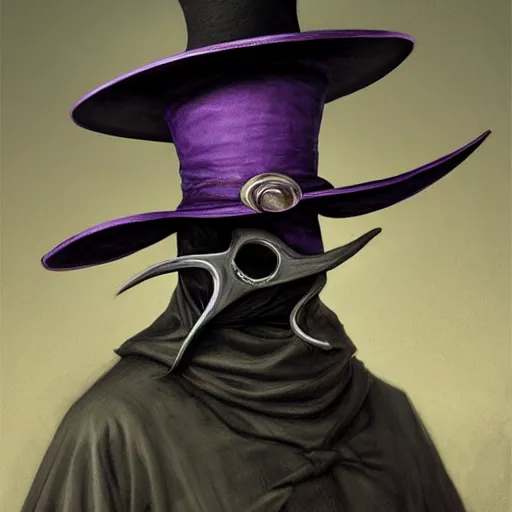 Image similar to mediaeval plague doctor wearing a top hat with a purple ribbon, intricate, epic, highly detailed, digital painting, artstation, concept art, smooth, sharp focus, illustration, unreal engine 5, 8 k, art by artgerm and greg rutkowski and alphonse mucha