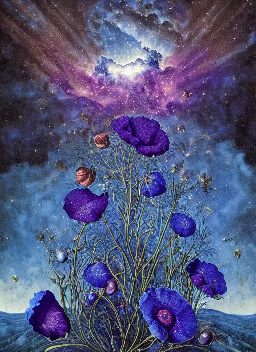 Image similar to detailed, intricate blue black and purple papaverum flower on the field, nebula, galaxy in the sky, winning award masterpiece, fantastically beautiful, illustration, aestheticly inspired, jacek yerka, upscale with anguissola sofonisba work, artstation, 8 k