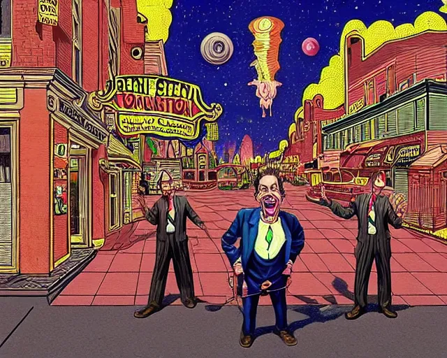 Prompt: steve buscemi tripping on main street, cosmic horror painting, elegant intricate digital painting artstation concept art by basil wolverton by robert crumb by william eggleston detailed