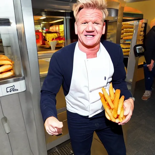 Prompt: gordon ramsay very happy to be at mcdonalds